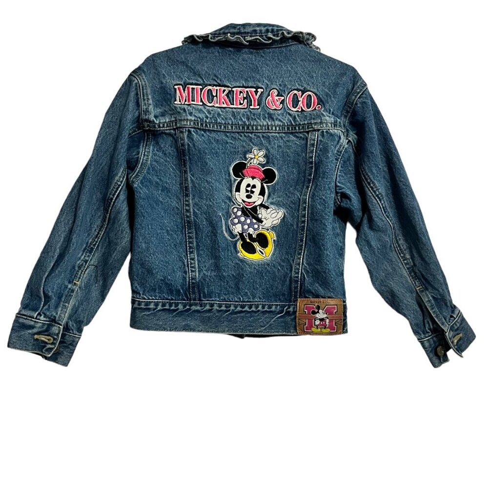 VTG MICKEY & CO KIDS JACKET 6X LARGE DENIM JEAN MINI GIRLS BLUE PINK RUFFLE - Picture 1 of 7